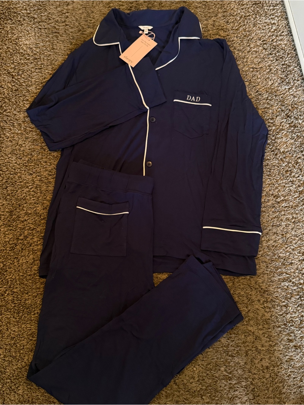 Eberjey Men’s Navy Blue Pajama Set with White Piping